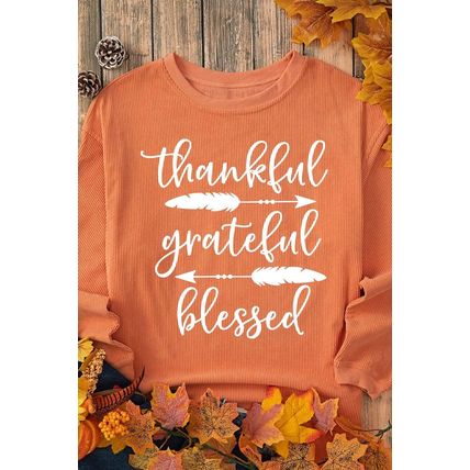 Orange thankful grateful blessed Arrow Graphic Corded Sweatshirt