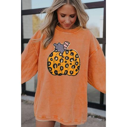 Orange Halloween Leopard Pumpkin Patchwork Ribbed Sweatshirt