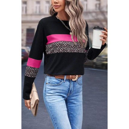 Rose Leopard Colorblock Patchwork Crew Neck Long Sleeve Tee