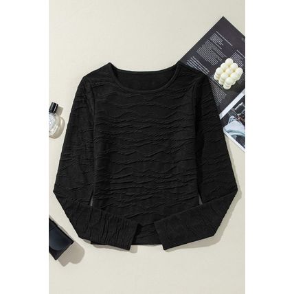 Black Solid Wavy Textured Slim Fit Long Sleeve T Shirt