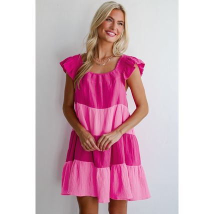 Pink Crinkled Colorblock Patchwork Flutter Tiered Mini Dress