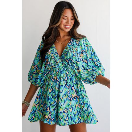 Green Abstract Print Puff Sleeve V Neck High Waist Romper