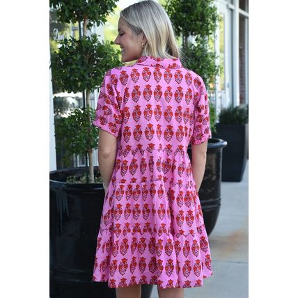 Sachet Pink Floral Print Multi Buttons Collared Short Sleeve Flowy Dress
