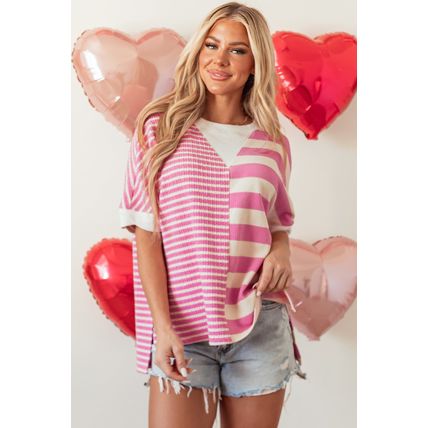 Pink Stripe Patchwork Textured Short Sleeve High Low Loose Top