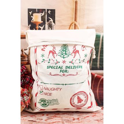White Merry Christmas Elk Print Drawstring Gift Sack