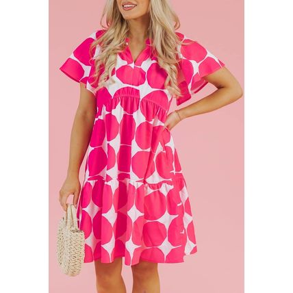 Rose Polka Dot Flutter Sleeve Notched Neck Tiered Flowy Dress