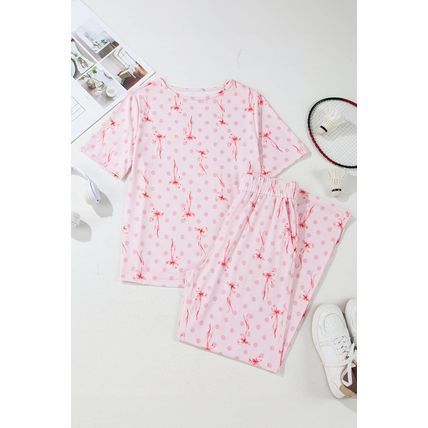 Pink Bow Knot Polka Dot Print Short Sleeve Top Lounge Set