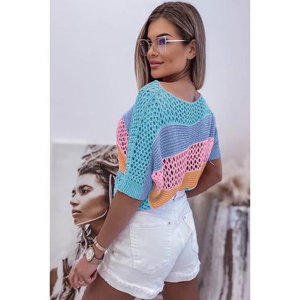 Sky Blue Knitted Eyelet Colorblock Striped Half Sleeves Top