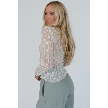 White Sheer Floral Lace Long Sleeve Slim Fit Top