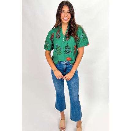 Bright Green Floral Print Buttoned V Neck Short Sleeve Blouse