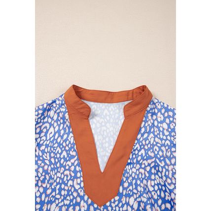 Ashleigh Blue Leopard Print Spot Contrast V Neck Half Puff Sleeve Shirt