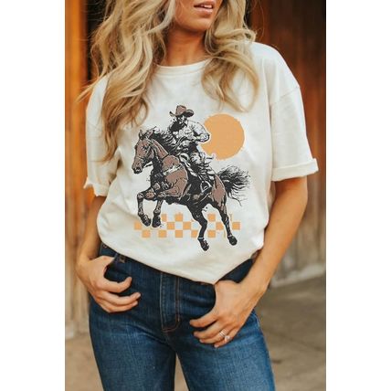White Sunset Cowboy Print Western Fashion T Shirt
