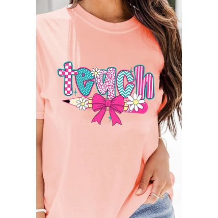 Pink Preppy Retro Checkered Coquette Teach Graphic T-Shirt