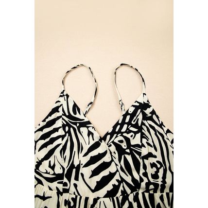 Khaki Tropical Palm Print Wrapped V Neck Spaghetti Straps Tiered Dress