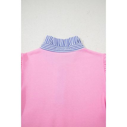 Bonbon Button Striped Collar Patchwork Puff Sleeve Sweatshirt