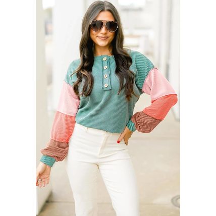 Multicolour Twisted Ribbed Knit Colorblock Henley Top