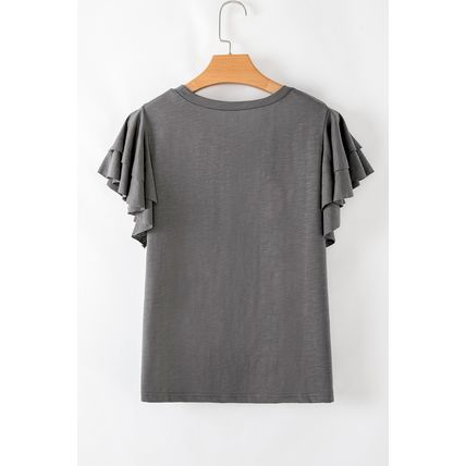 Dark Grey Sequin Turquoise Pattern Ruffle Sleeve Cowgirl Tee