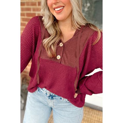 Racing Red Waffle Patchwork Drop Shoulder Hooded Long Sleeve Top
