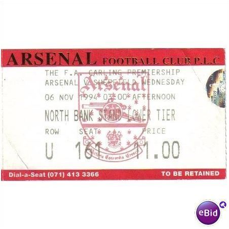 Arsenal v Sheffield Wednesday 1994/95 Premiership Football Ticket Stub
