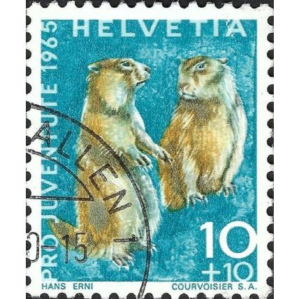 SWITZERLAND, MAMMAL, Alpine Marmot, Marmota marmota, blue 1965, 10+10c