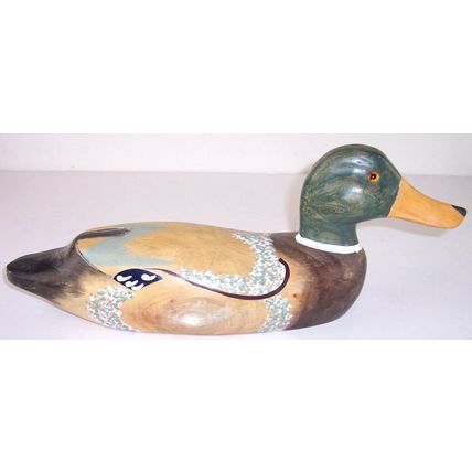Vintage Solid Wood Hand Painted Drake Mallard Duck Decoy 15-3/4"