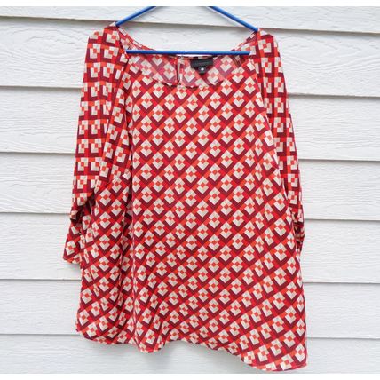 Womens Worthington 2X Reds Geometric Satin Tops Dressy Blouse