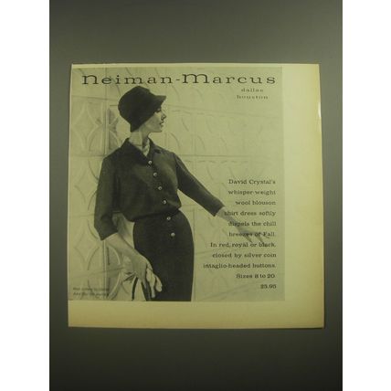 1958 Neiman-Marcus David Crystal Wool Blouson Shirt Dress Advertisement