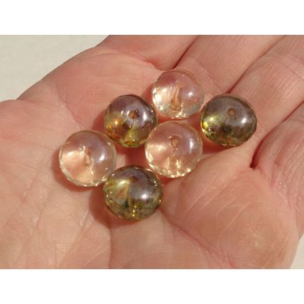 6 Rondelle Glass Beads 13mm x 9mm Faceted Edges Olive Champagne Tinted bd089
