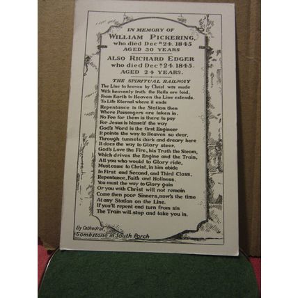 TOMBSTONE, ELY CATHEDRAL, CAMBRIDGESHIRE unused postcard railway poem =