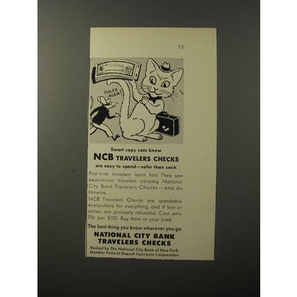 1953 National City Bank Travelers Checks Ad - Smart Copy cats know NCB