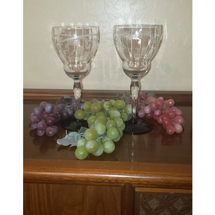 VTG WESTON BEVELED ETCHED MIXED SET WINE WATER GLASS W/ BLUE COBALT FOOT GOBLET