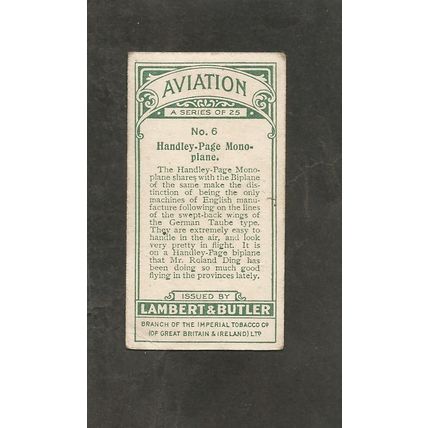 Cigarette Card 1915 Lambert & Butler Aviation #6 Handley Page Monoplane