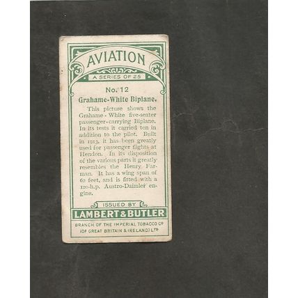 Cigarette Card 1915 Lambert & Butler Aviation #12 Grahame White Biplane
