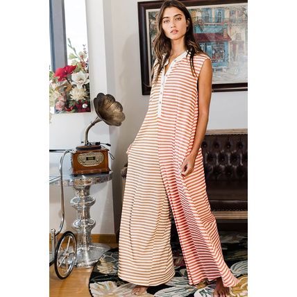Orange Stripe Oversized Buttoned Front Sleeveless Wide Leg Jumpsuit