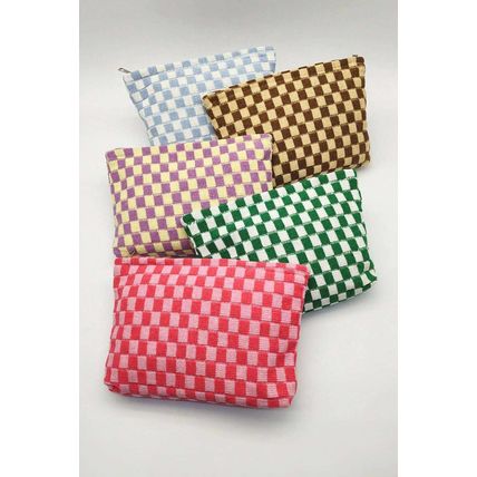 Bright Pink Checkered Print Cosmetic Bag