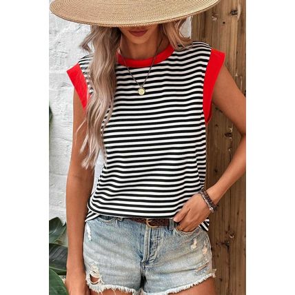 Black Stripe Colorblock Edge Round Neck Tank Top