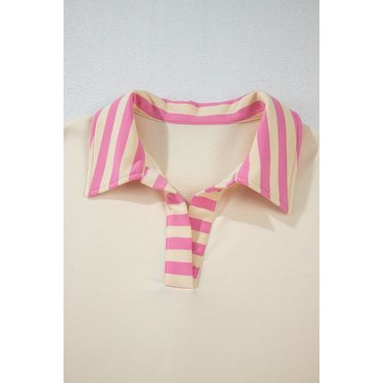 Pink Stripe Colorblock Patchwork Collared French Terry Knit Top