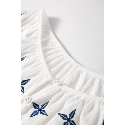 White Geometric Embroidered Long Sleeve Buttoned Blouse