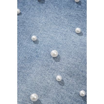 Dusk Blue Pearl Beaded Raw Hem Medium Wash Denim Shorts