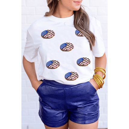 White Sequined Flag Pattern Donuts Graphic T Shirt