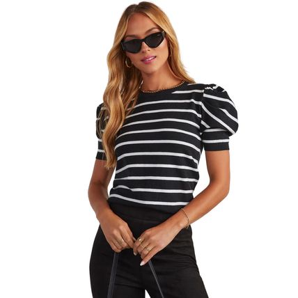 White Stripe Ribbed Trim Round Neck Bubble Sleeve Knitted Top