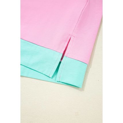 Mint Green Colorblock Patchwork Short Sleeve Buttons Plus Size Henley Top