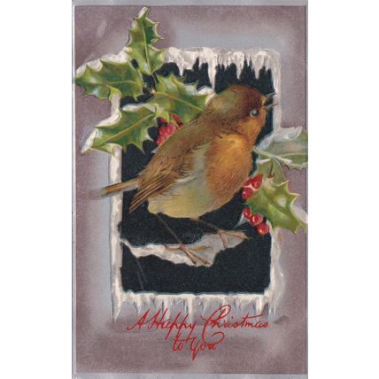 ED 211 HAPPY CHRISTMAS EMBOSSED POSTCARD. HOLLY/BIRD