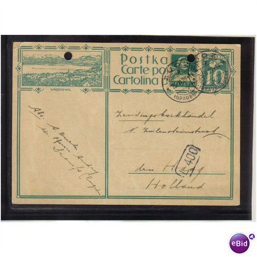 1929 SWITZERLAND WADENSWIL POSTCARD 10C+ ZOUZ PMK