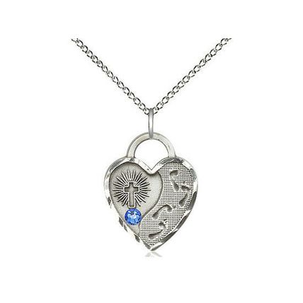 Footprints, Heart Pendant (sterling silver) Sapphire Birthstone, 18 Inch Chain