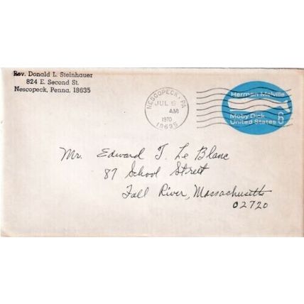 United States 1970 Nescopeck PA-Fall River MASS 6c Herman Melville cover written
