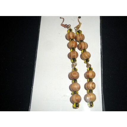 Handmade 2 section wood & yellow black glass long earrings different NEW