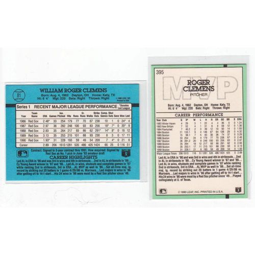 Lot of Two 1991 Donruss Roger Clemens cards #81, MVP #395 – Red Sox