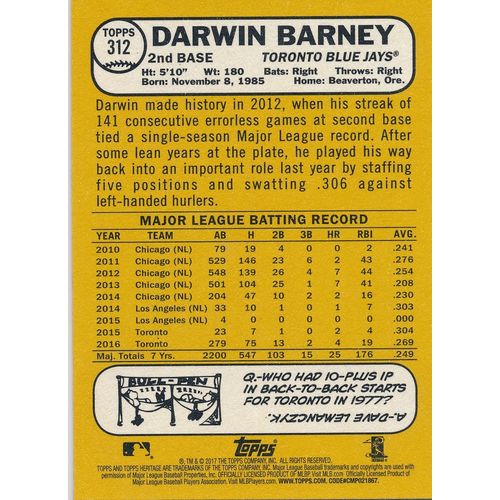 2017 Topps Heritage Baseball 312 Darwin Barney Toronto Blue Jays