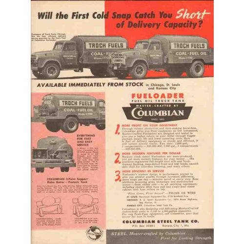 COLUMBIAN STEEL TANK COMPANY 1957 Troch Fuels oil trucks vintage ad